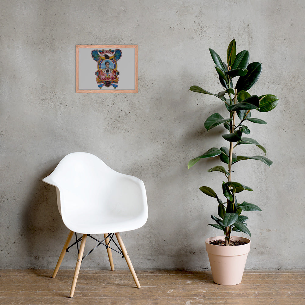 Red oak framed poster with hand-drawn Simón Bolívar-inspired art on a wall, 12×16 – El Libertador wall art by Bareta Fina Designs