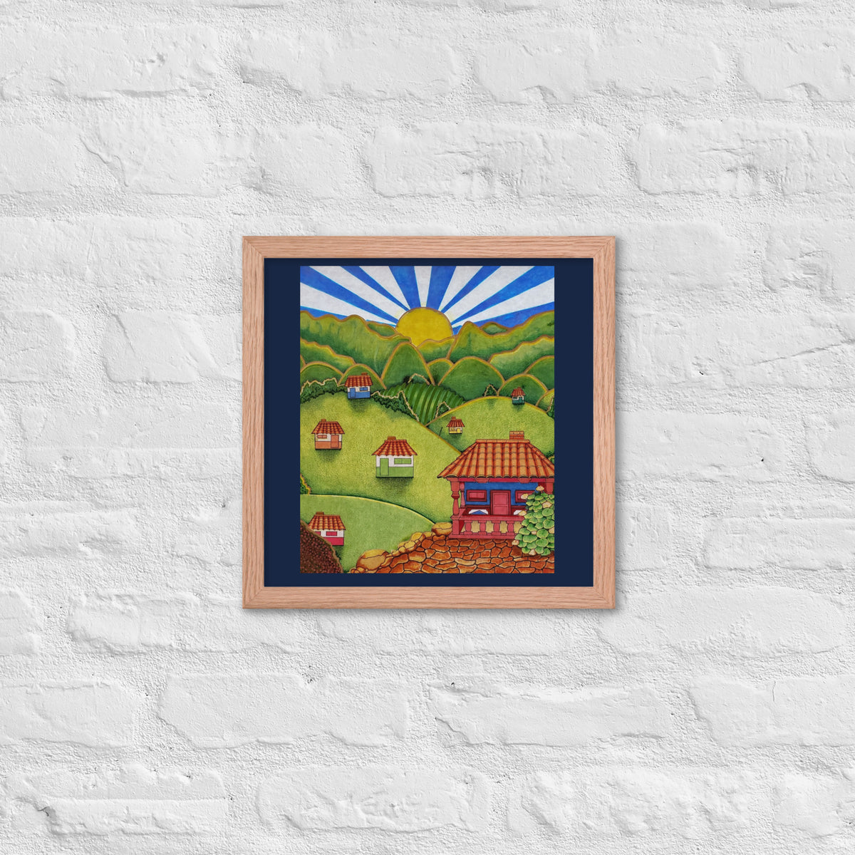Red oak framed poster with hand-drawn Colombian landscape art – Beautiful View by Bareta Fina Designs