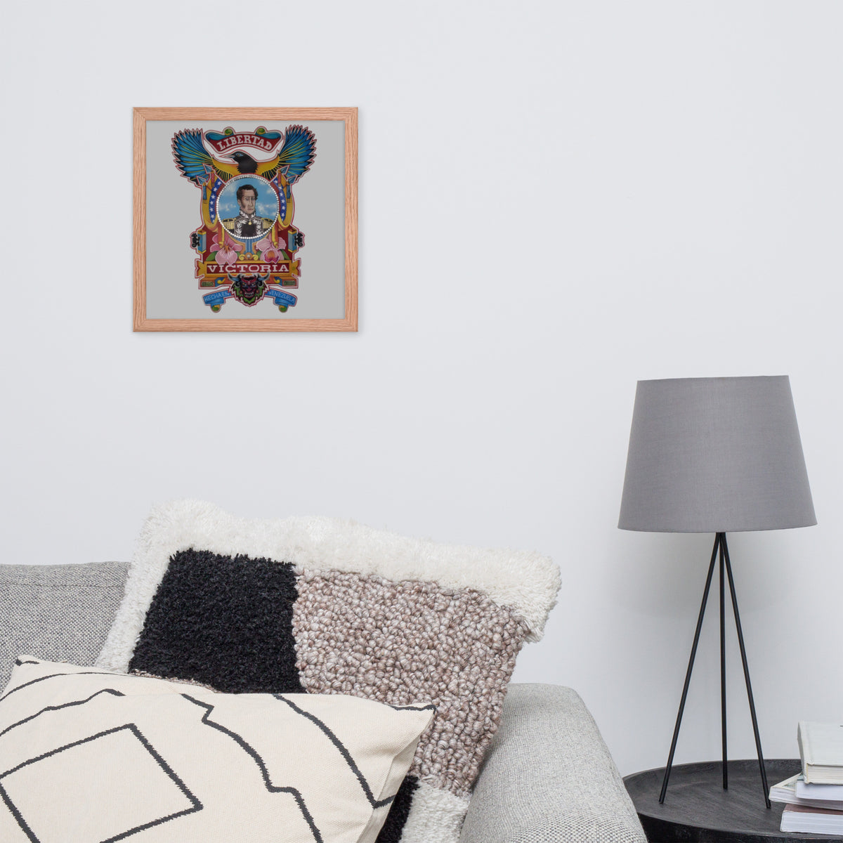 Red oak framed poster with hand-drawn Simón Bolívar-inspired art, 14×14 – El Libertador wall art by Bareta Fina Designs