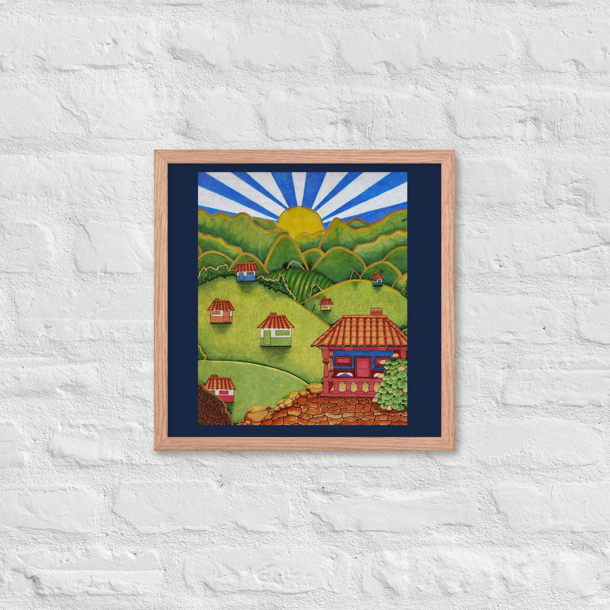 Red oak framed poster with hand-drawn Colombian landscape art – Beautiful View by Bareta Fina Designs