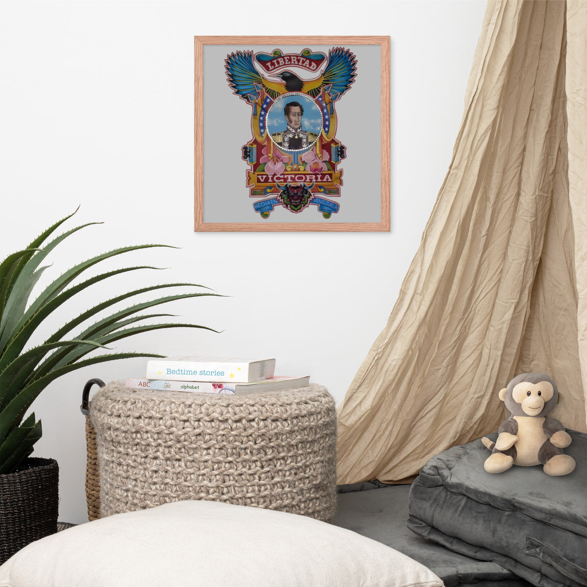 Red oak framed poster with hand-drawn Simón Bolívar-inspired art, 16×16 – El Libertador wall art by Bareta Fina Designs