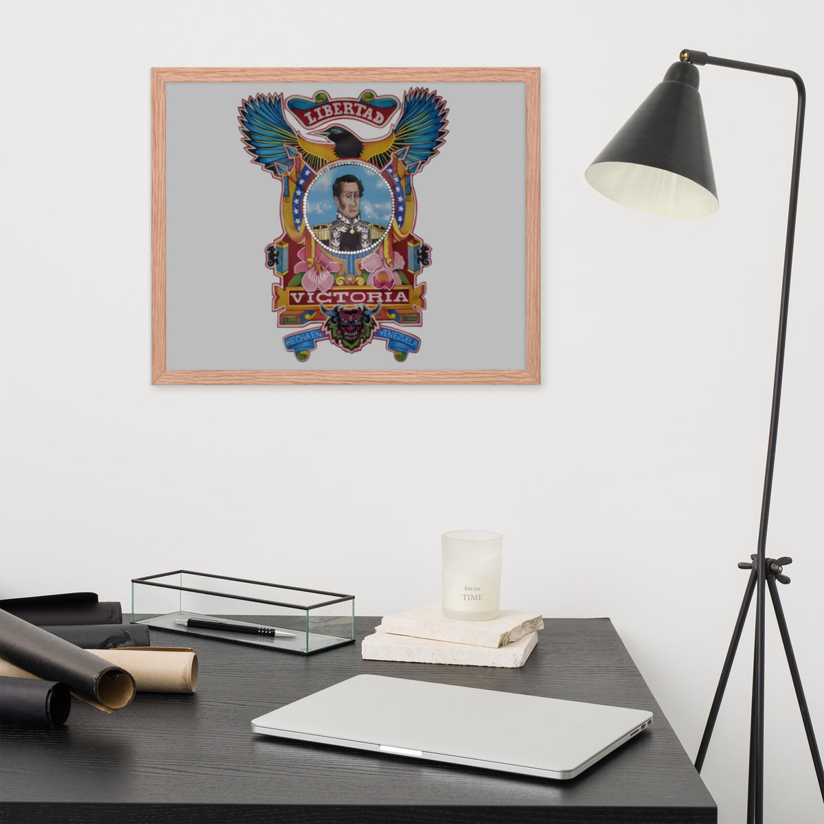 Red oak framed poster with hand-drawn Simón Bolívar-inspired art, 16×20 – El Libertador wall art by Bareta Fina Designs