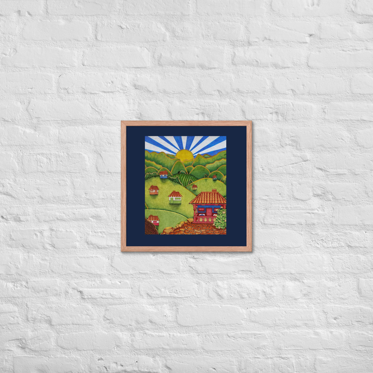 Red oak framed poster with hand-drawn Colombian landscape art – Beautiful View by Bareta Fina Designs