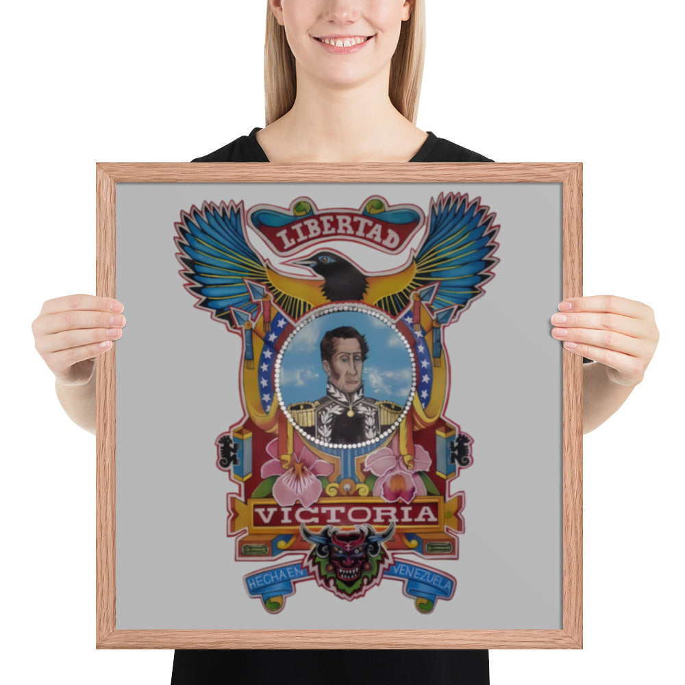 Red oak framed poster with hand-drawn Simón Bolívar-inspired art on a person's wall, 18×18 – El Libertador wall art by Bareta Fina Designs