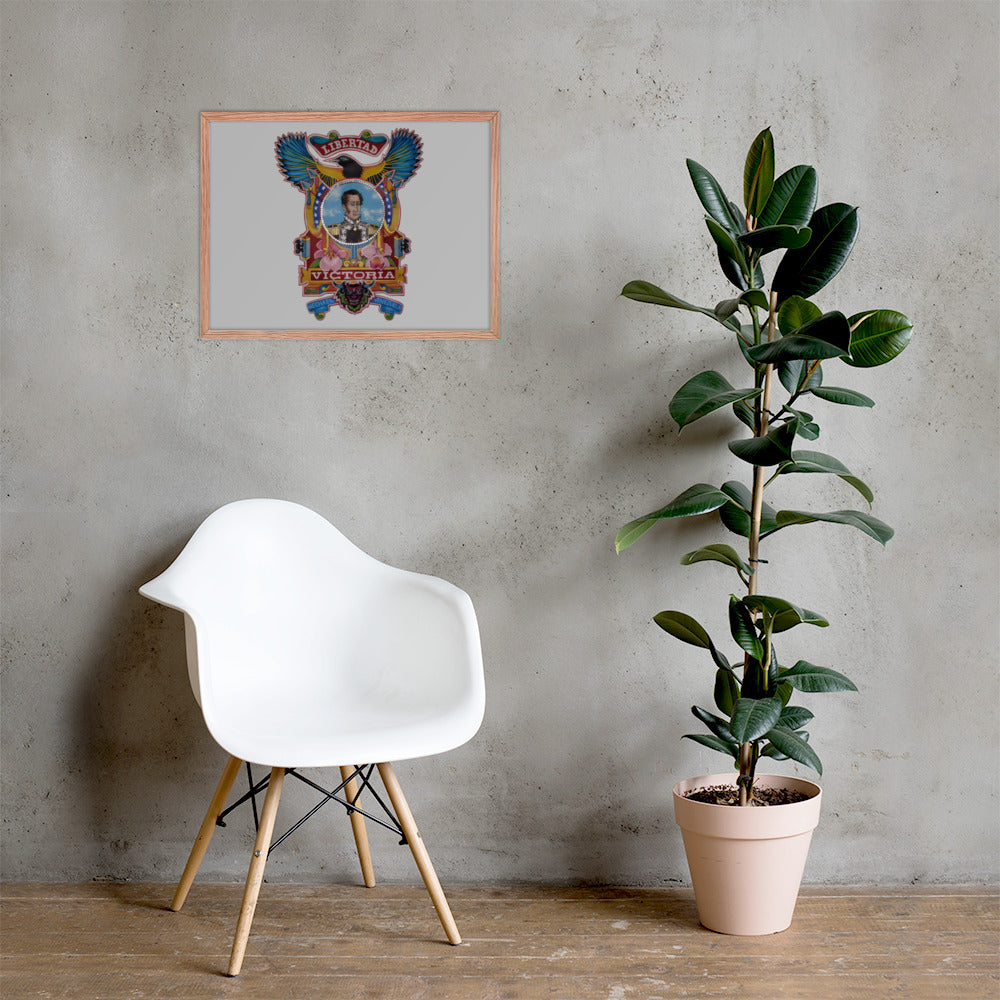 Red oak framed poster with hand-drawn Simón Bolívar-inspired art on a wall, 18×24 – El Libertador wall art by Bareta Fina Designs