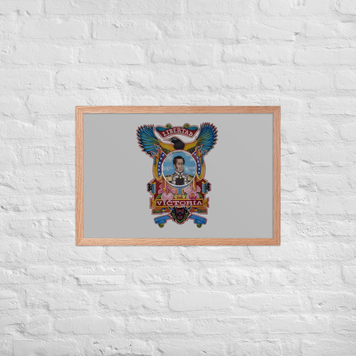 Red oak framed poster with hand-drawn Simón Bolívar-inspired art, 20×30 – El Libertador wall art by Bareta Fina Designs