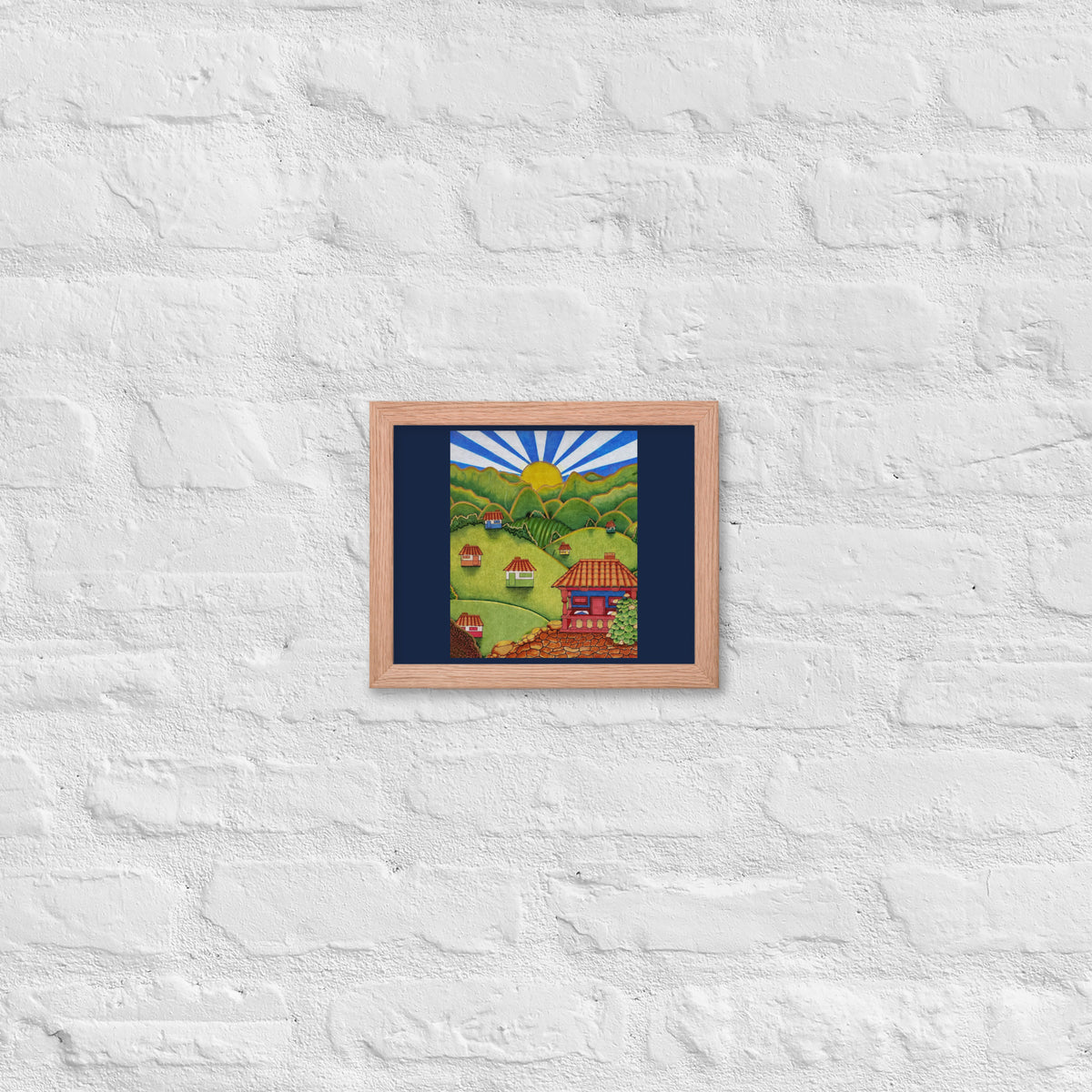 Red oak framed poster with hand-drawn Colombian landscape art – Beautiful View by Bareta Fina Designs