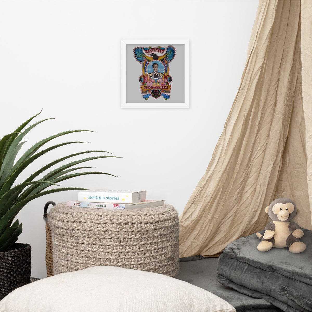 White framed poster with hand-drawn Simón Bolívar-inspired art, 10×10 – El Libertador wall art by Bareta Fina Designs