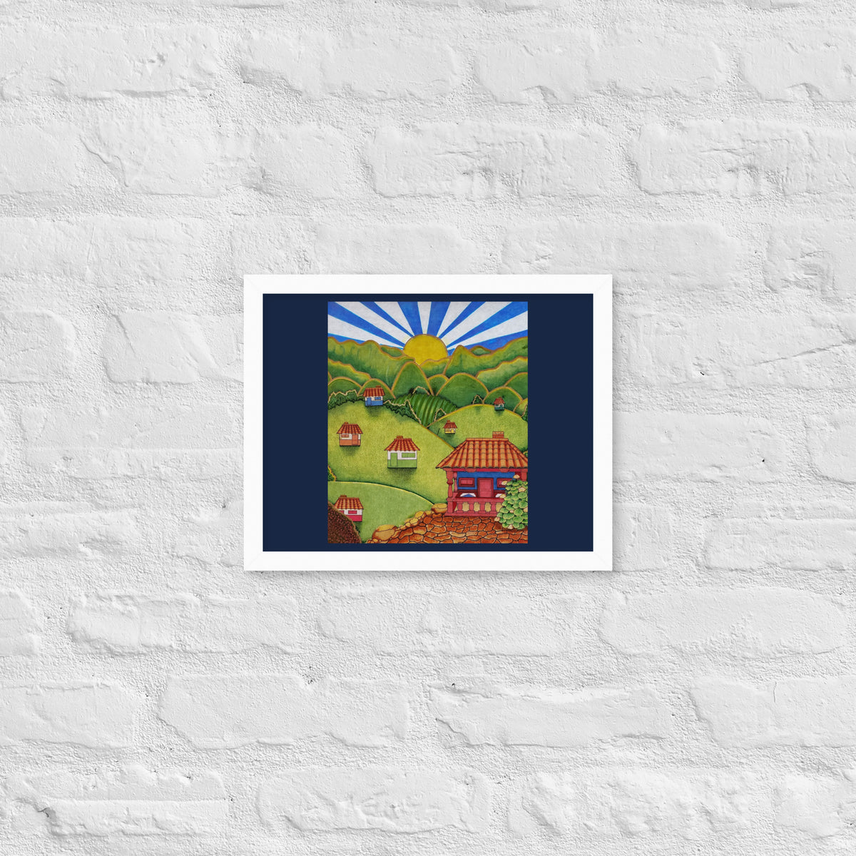 White framed poster with hand-drawn Colombian landscape art – Beautiful View by Bareta Fina Designs