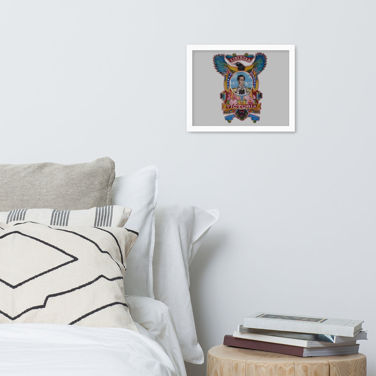 White framed poster with hand-drawn Simón Bolívar-inspired art, 11×14 – El Libertador wall art by Bareta Fina Designs