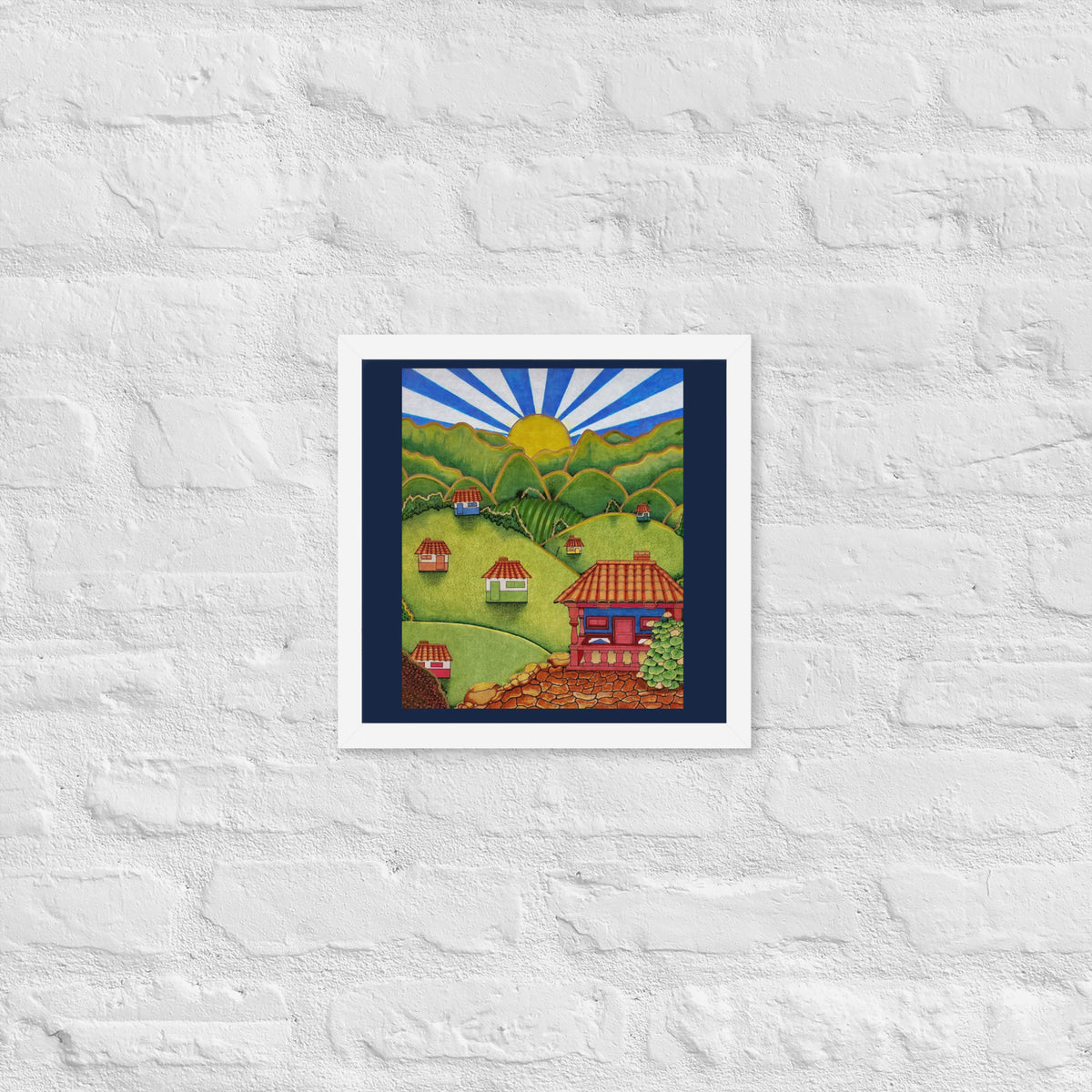 White framed poster with hand-drawn Colombian landscape art – Beautiful View by Bareta Fina Designs
