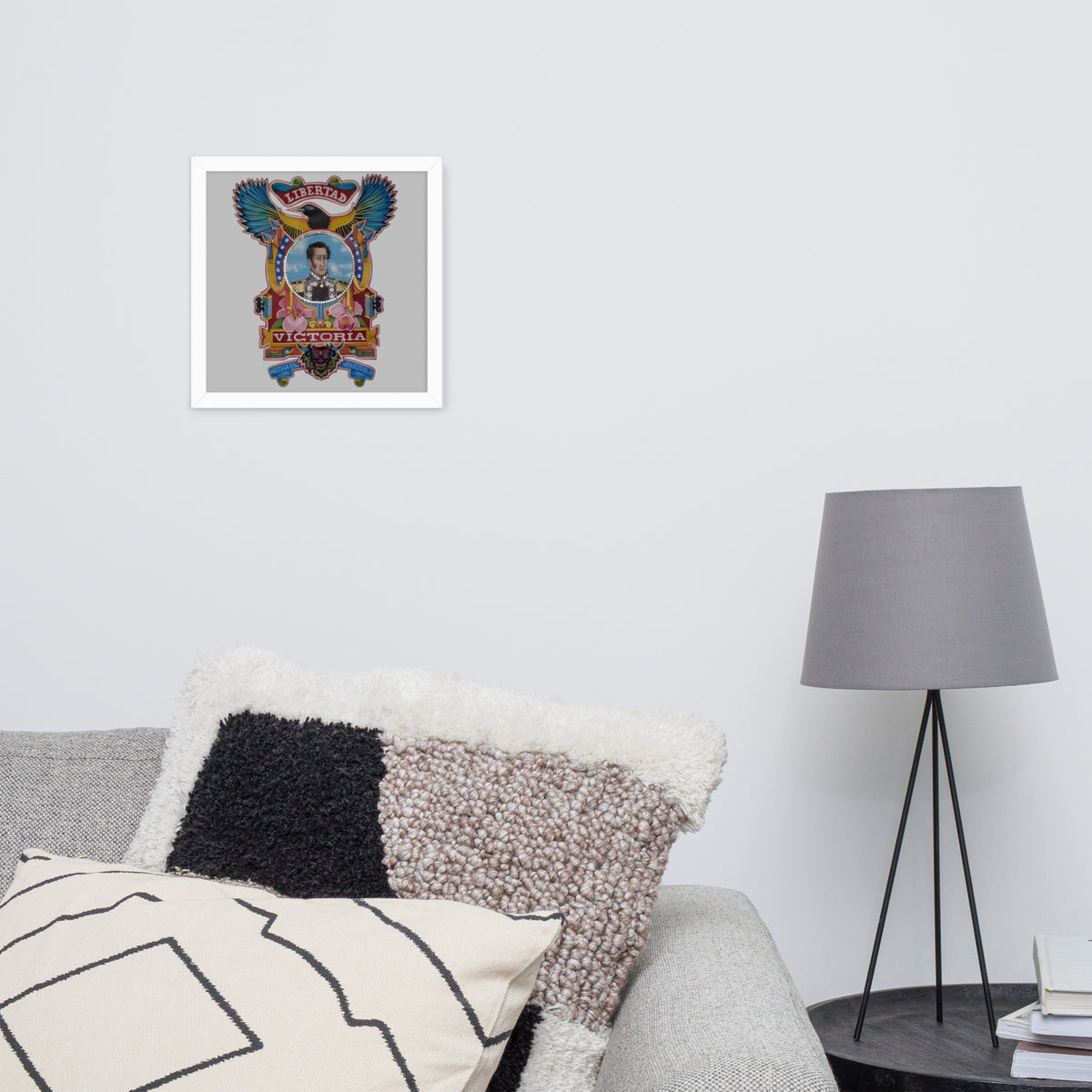 White framed poster with hand-drawn Simón Bolívar-inspired art, 12×12 – El Libertador wall art by Bareta Fina Designs