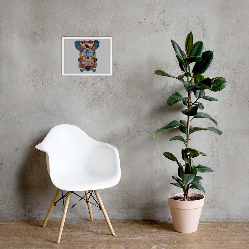 White framed poster with hand-drawn Simón Bolívar-inspired art on a wall, 12×16 – El Libertador wall art by Bareta Fina Designs