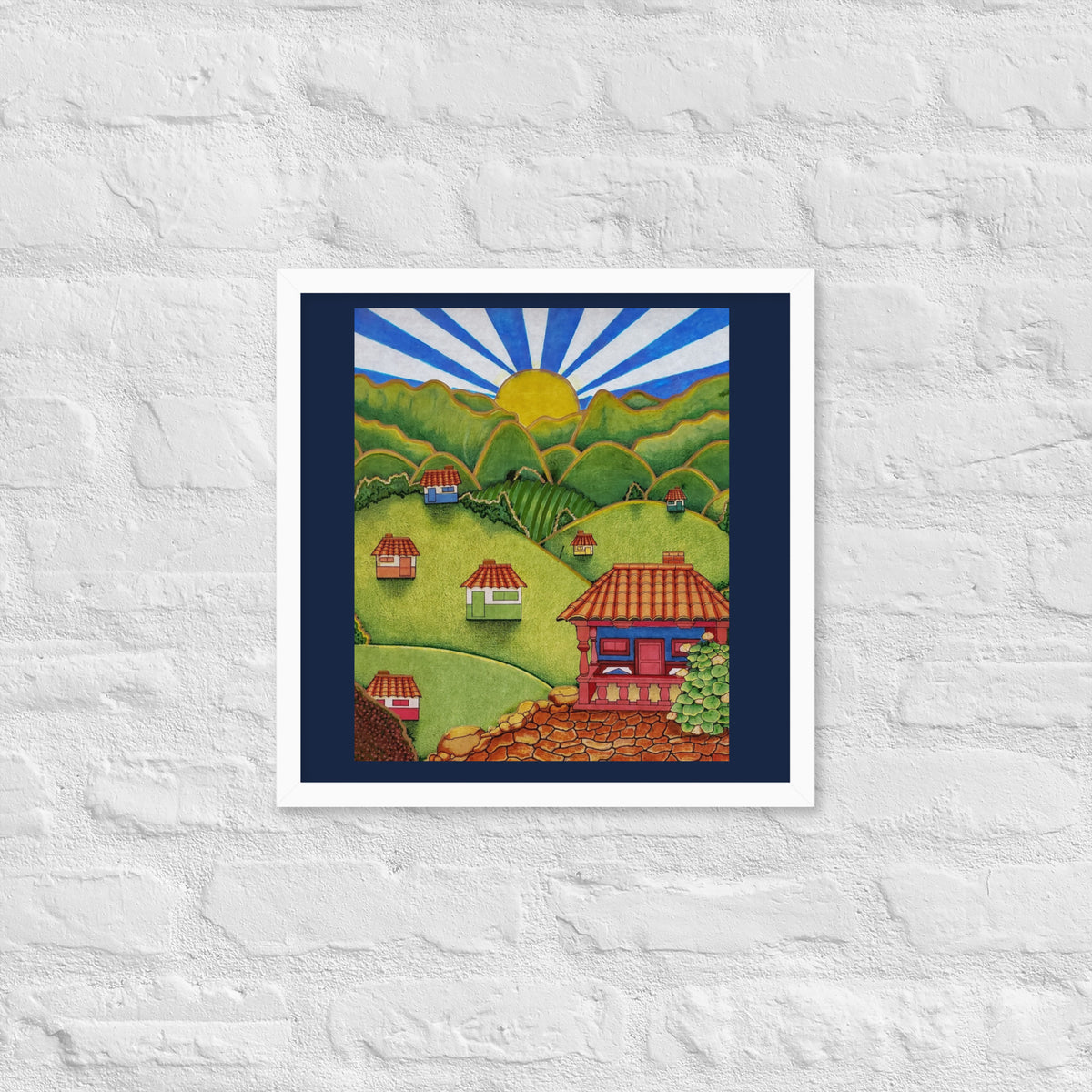 White framed poster with hand-drawn Colombian landscape art – Beautiful View by Bareta Fina Designs