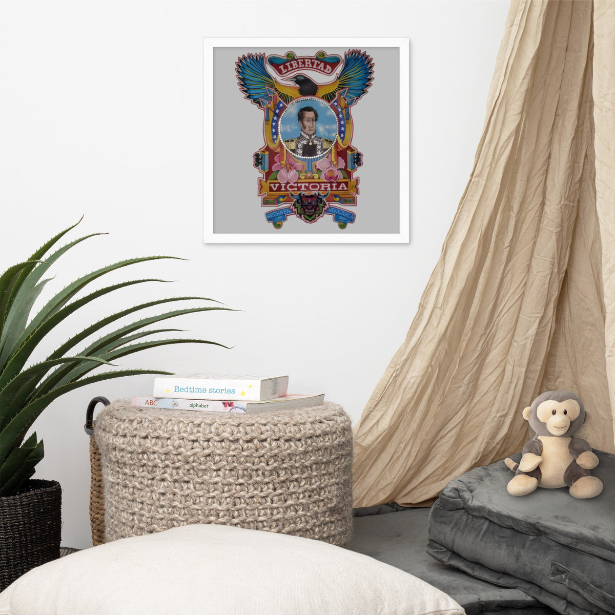 White framed poster with hand-drawn Simón Bolívar-inspired art, 16×16 – El Libertador wall art by Bareta Fina Designs