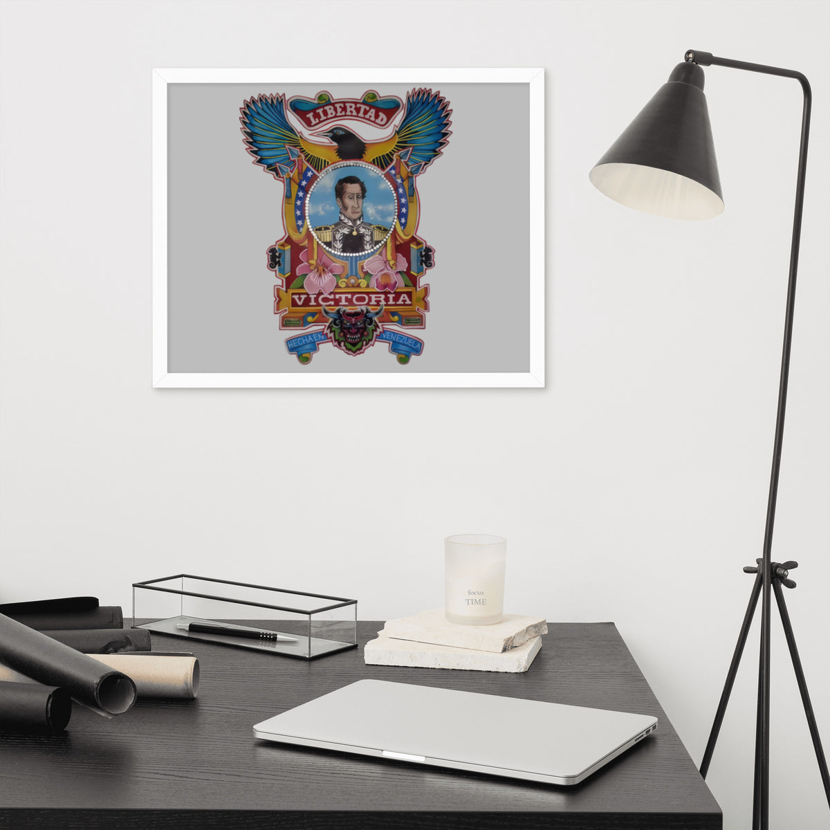 White framed poster with hand-drawn Simón Bolívar-inspired art, 16×20 – El Libertador wall art by Bareta Fina Designs