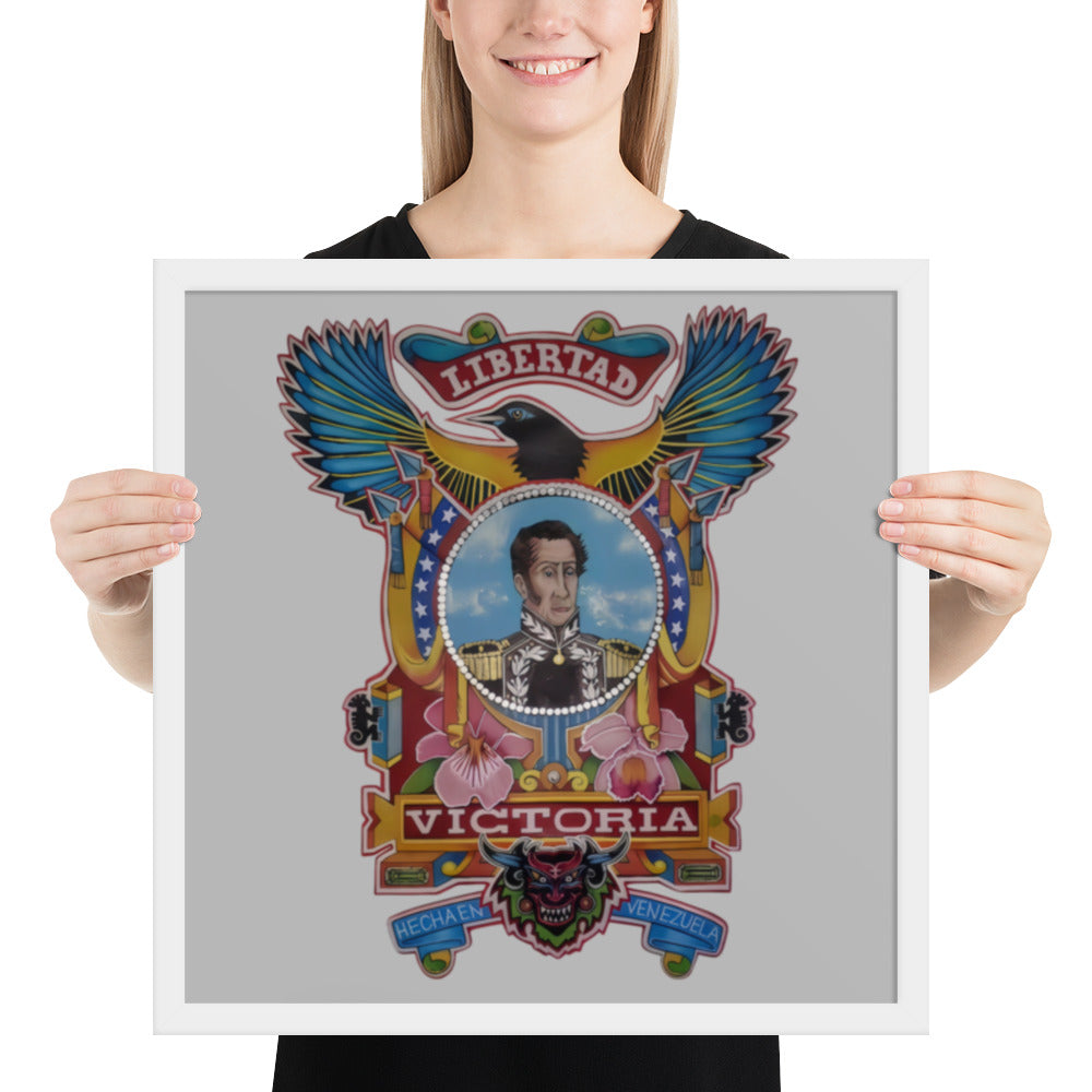 White framed poster with hand-drawn Simón Bolívar-inspired art on a person's wall, 18×18 – El Libertador wall art by Bareta Fina Designs