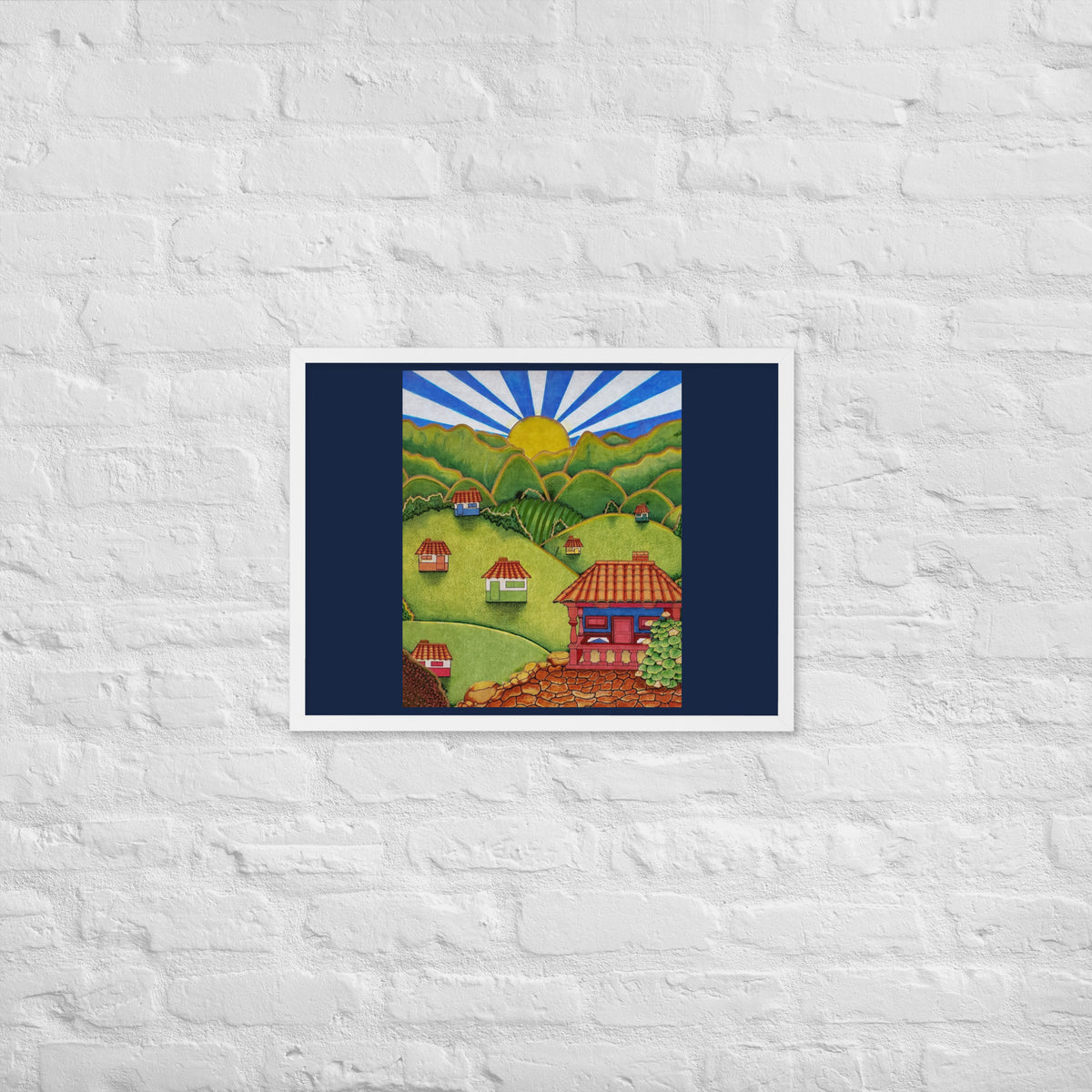 White framed poster with hand-drawn Colombian landscape art – Beautiful View by Bareta Fina Designs
