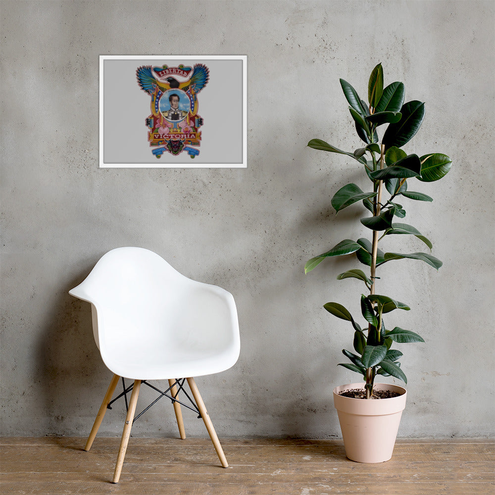 White framed poster with hand-drawn Simón Bolívar-inspired art on a wall, 18×24 – El Libertador wall art by Bareta Fina Designs