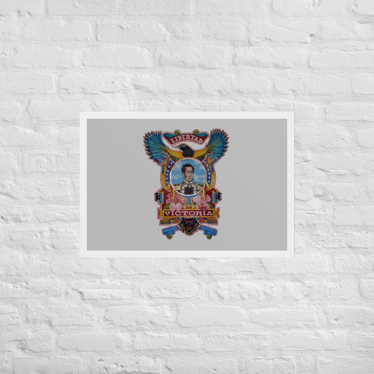 White framed poster with hand-drawn Simón Bolívar-inspired art, 20×30 – El Libertador wall art by Bareta Fina Designs