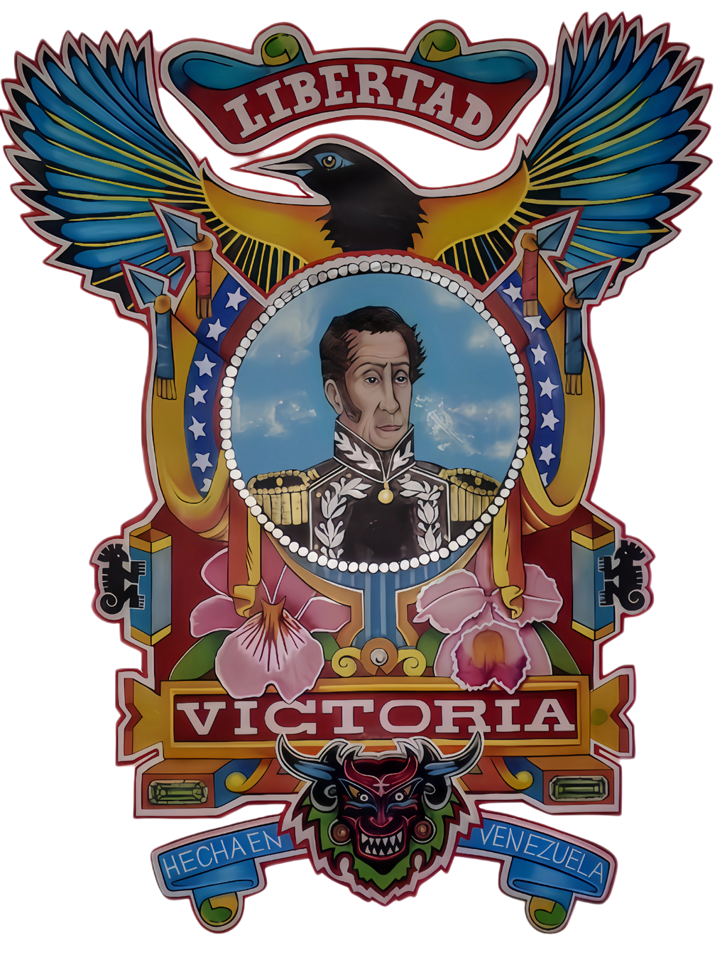 A colorful graphic emblem featuring a portrait of Simón Bolívar surrounded by a troupial, orchids, banners reading “LIBERTAD,” “VICTORIA,” and “HECHA EN VENEZUELA,” Wear with Pride!!