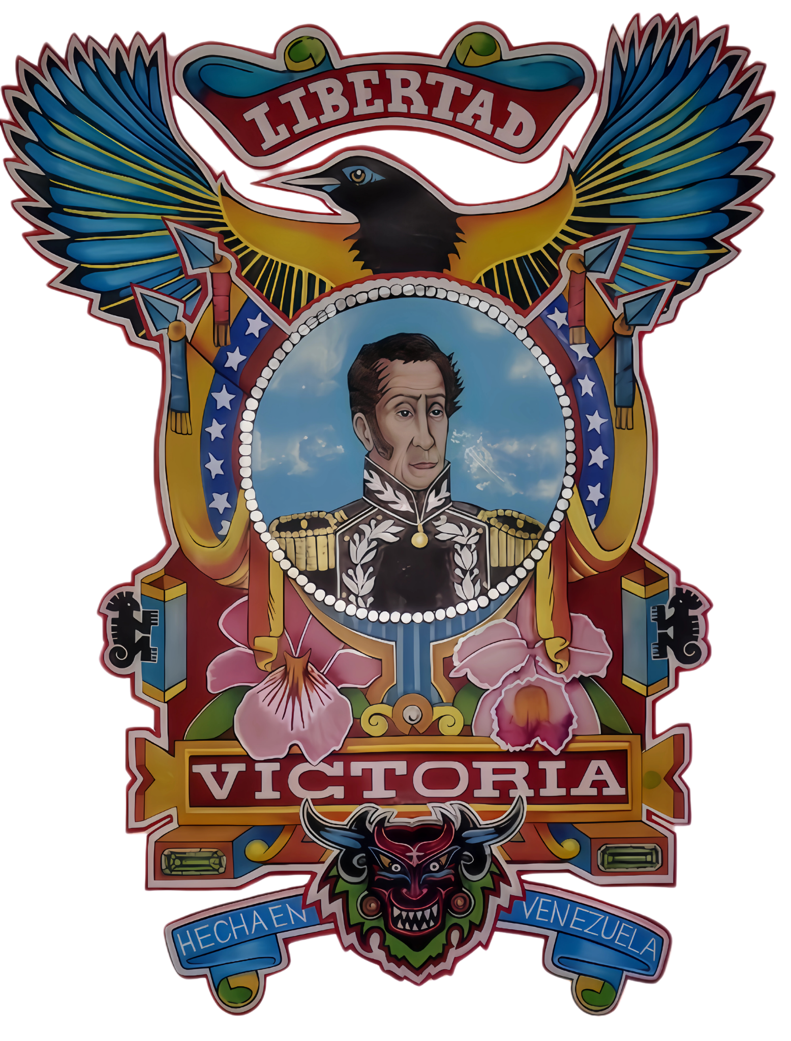A colorful graphic emblem featuring a portrait of Simón Bolívar surrounded by a troupial, orchids, banners reading “LIBERTAD,” “VICTORIA,” and “HECHA EN VENEZUELA,” Wear with Pride!!