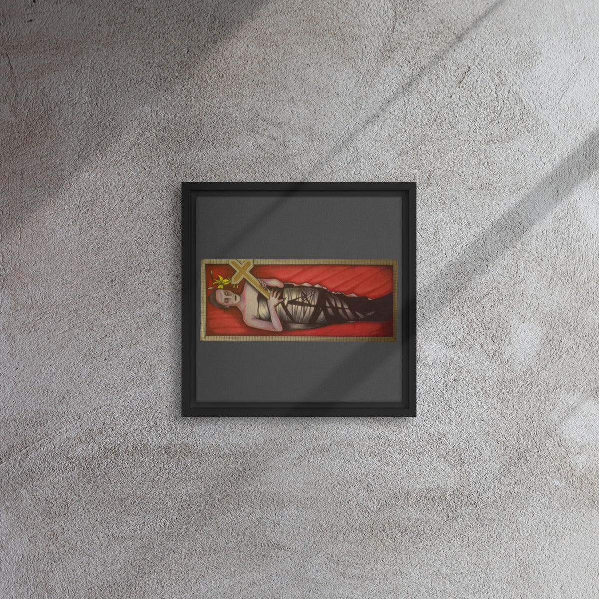 Black framed canvas with original hand-drawn gothic The Mourning Bride art by Bareta Fina Designs
