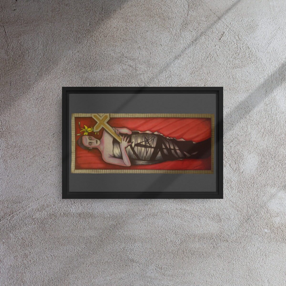 Black framed canvas with original hand-drawn gothic The Mourning Bride art by Bareta Fina Designs