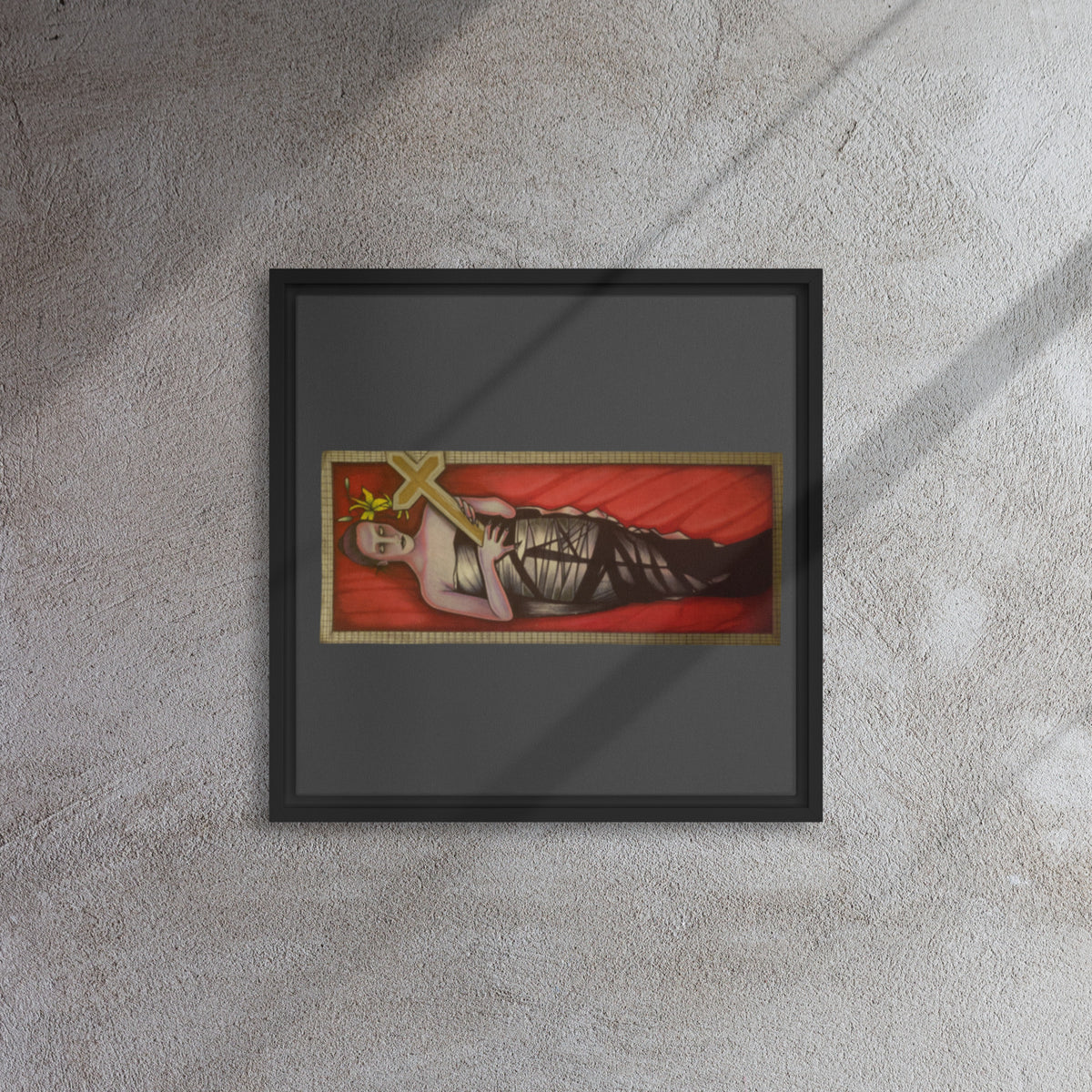 Black framed canvas with original hand-drawn gothic The Mourning Bride art by Bareta Fina Designs