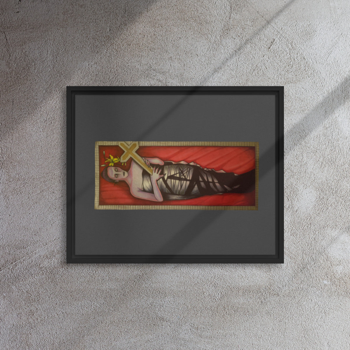 Black framed canvas with original hand-drawn gothic The Mourning Bride art by Bareta Fina Designs