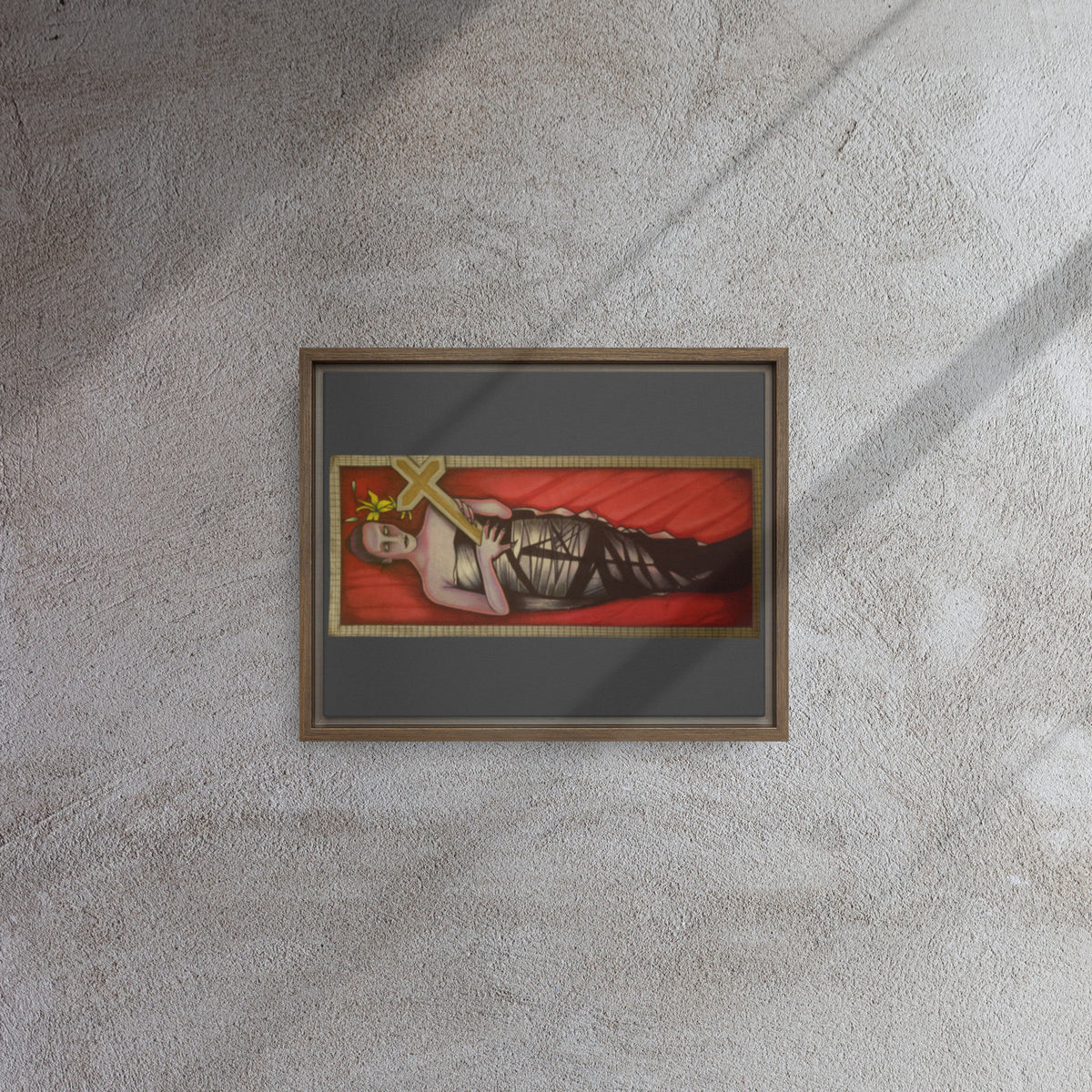 Brown framed canvas with original hand-drawn gothic The Mourning Bride art by Bareta Fina Designs