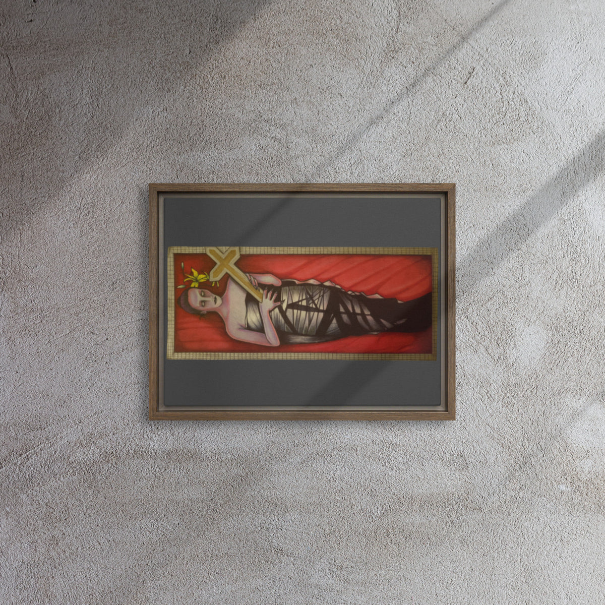 Brown framed canvas with original hand-drawn gothic The Mourning Bride art by Bareta Fina Designs