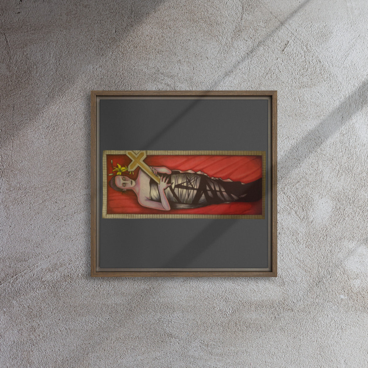 Brown framed canvas with original hand-drawn gothic The Mourning Bride art by Bareta Fina Designs