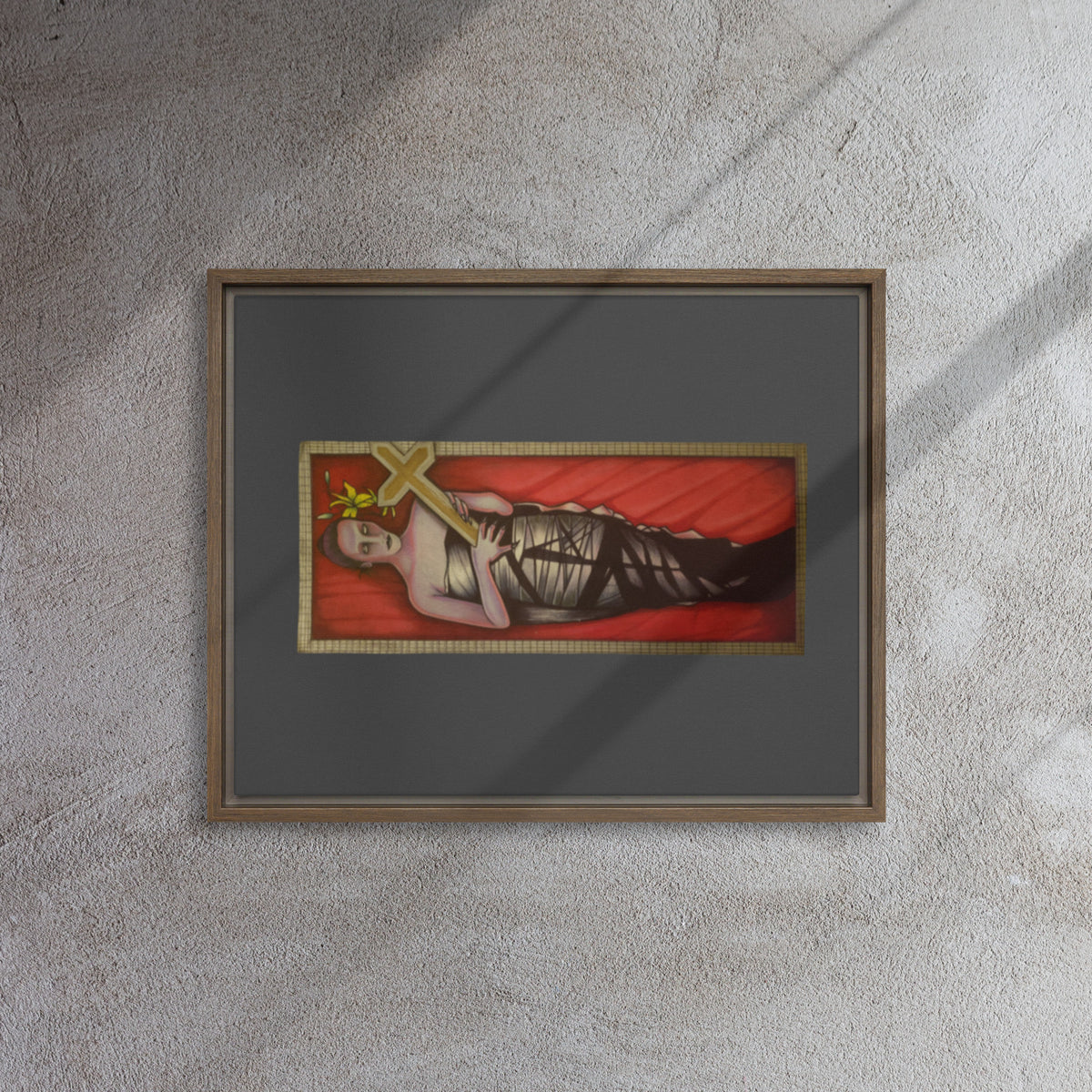 Brown framed canvas with original hand-drawn gothic The Mourning Bride art by Bareta Fina Designs