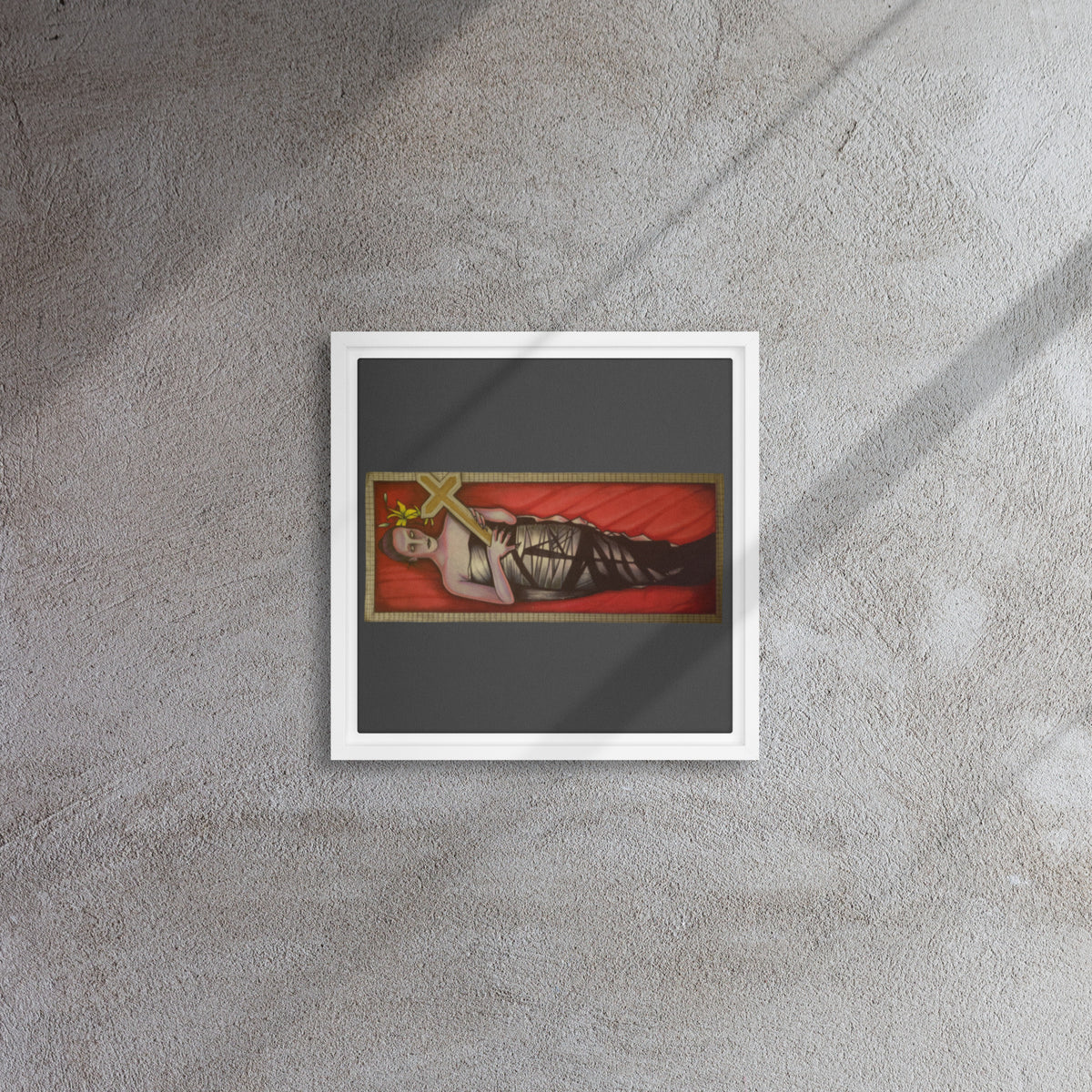 White framed canvas with original hand-drawn gothic The Mourning Bride art by Bareta Fina Designs