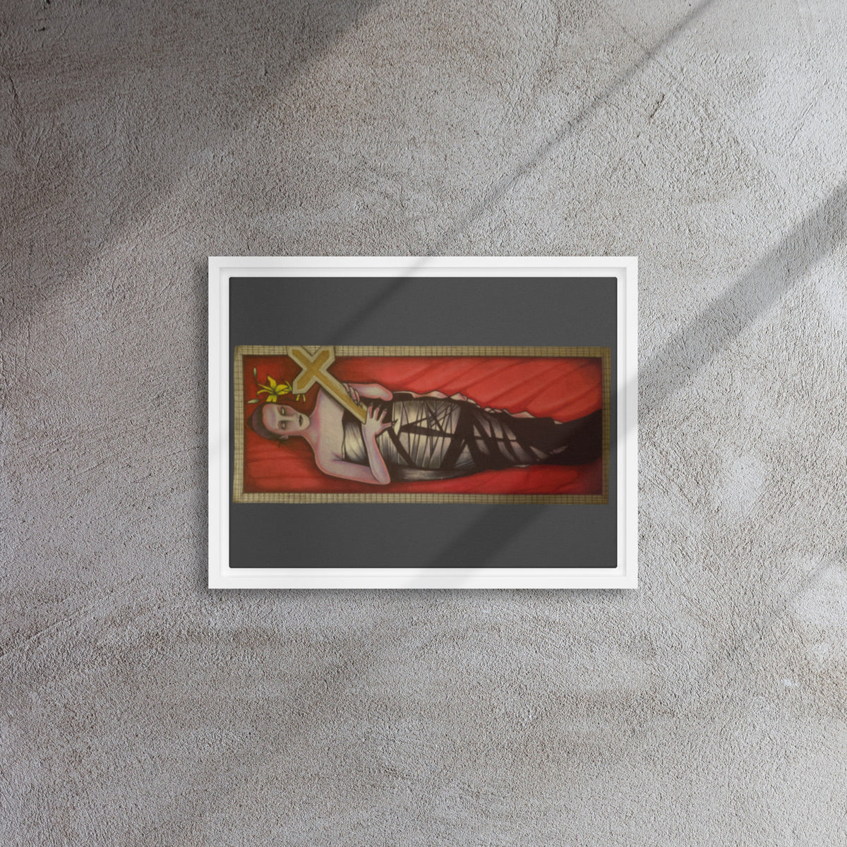 White framed canvas with original hand-drawn gothic The Mourning Bride art by Bareta Fina Designs