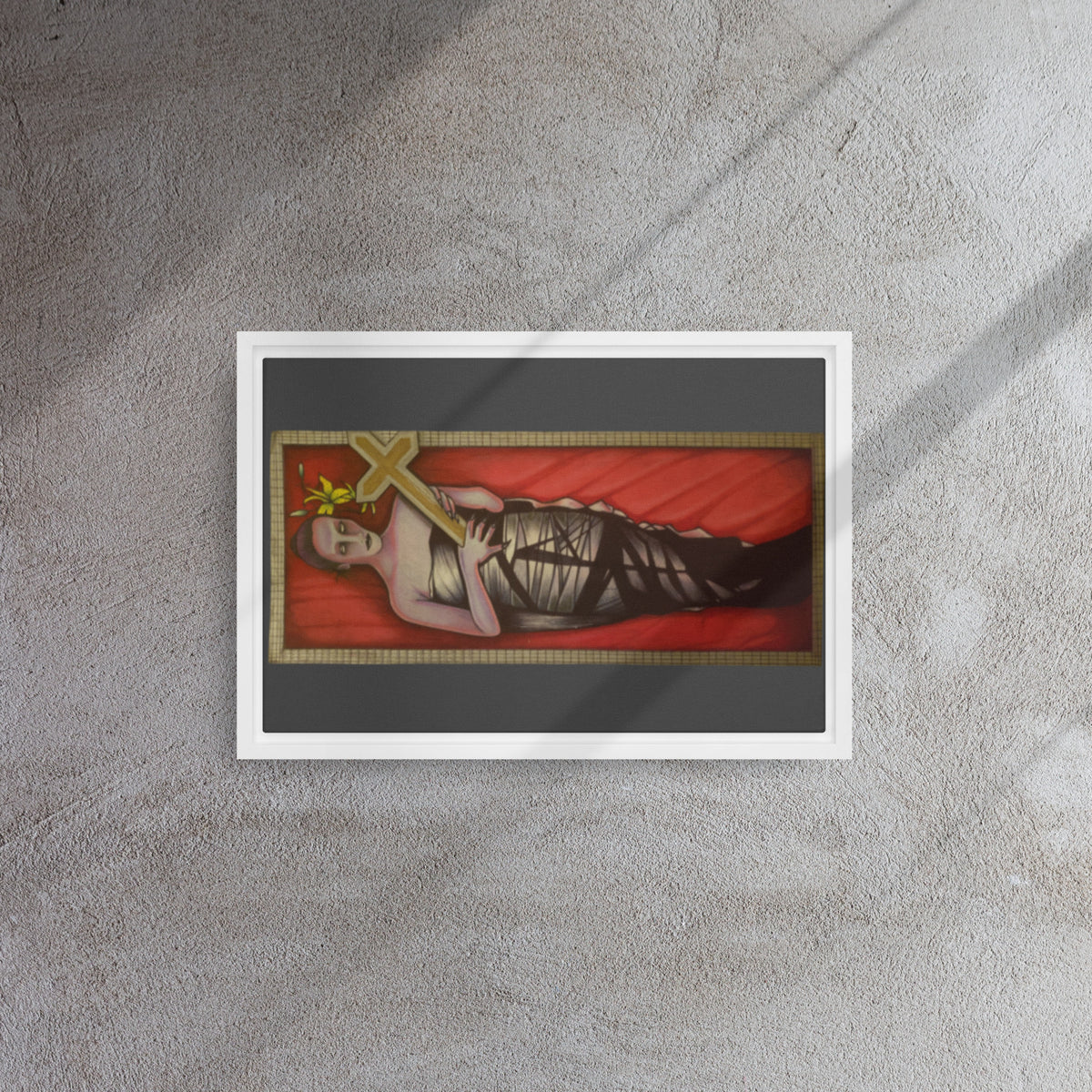 White framed canvas with original hand-drawn gothic The Mourning Bride art by Bareta Fina Designs