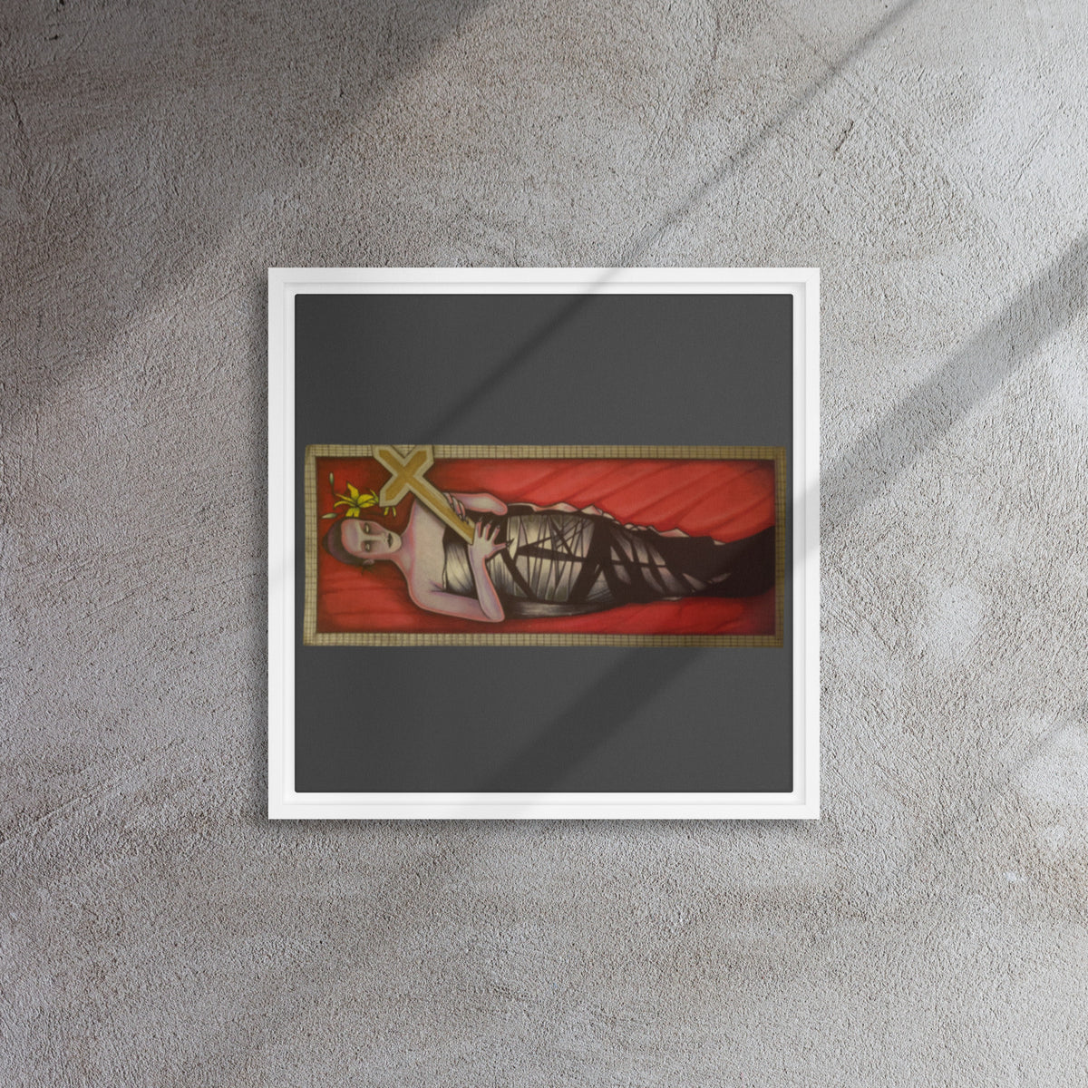White framed canvas with original hand-drawn gothic The Mourning Bride art by Bareta Fina Designs