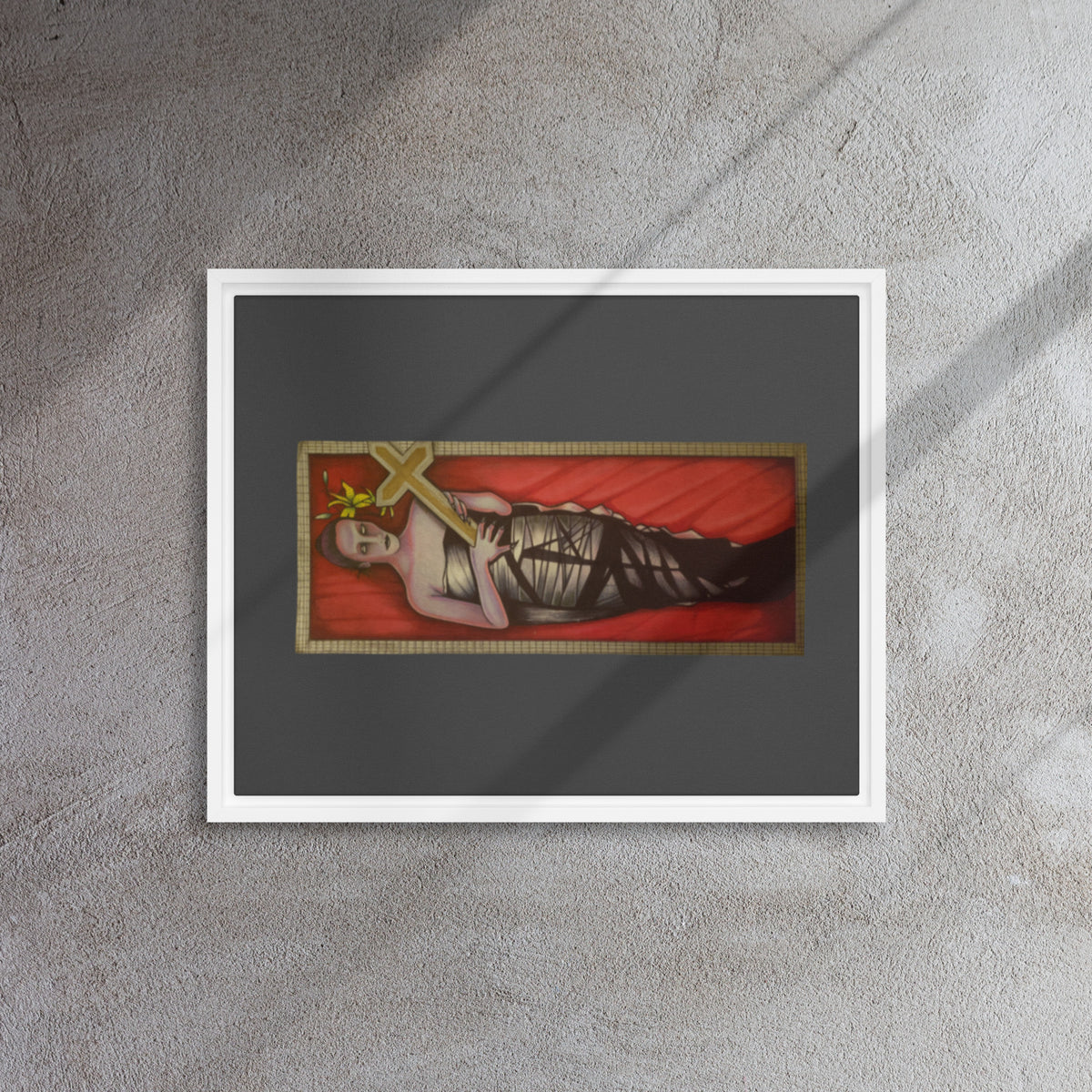 White framed canvas with original hand-drawn gothic The Mourning Bride art by Bareta Fina Designs