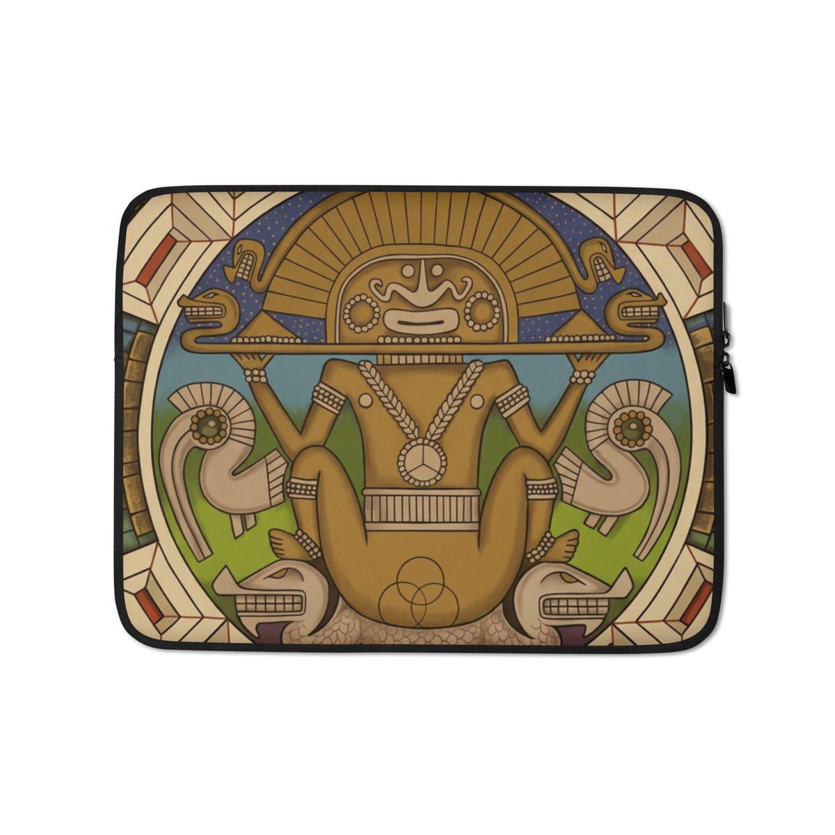 The Sun God Laptop Sleeve, 13 inch, front view of the hand-drawn pre-Columbian sun deity design