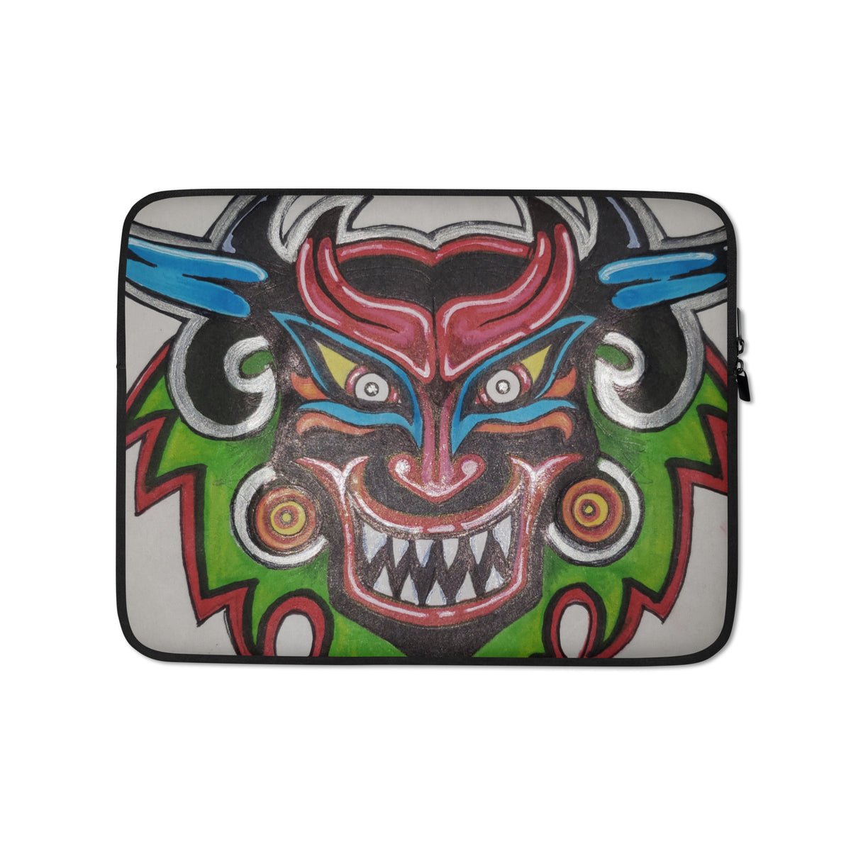 Dancing Demon Laptop Sleeve, 13 inch, front view of the hand-drawn Diablos Danzantes mask design