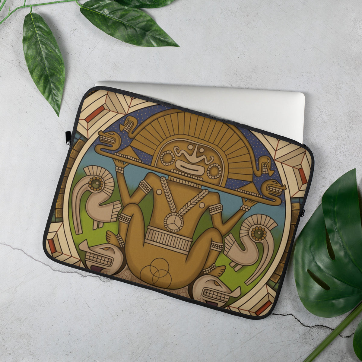 The Sun God Laptop Sleeve, 15 inch, front view of the hand-drawn pre-Columbian sun deity design