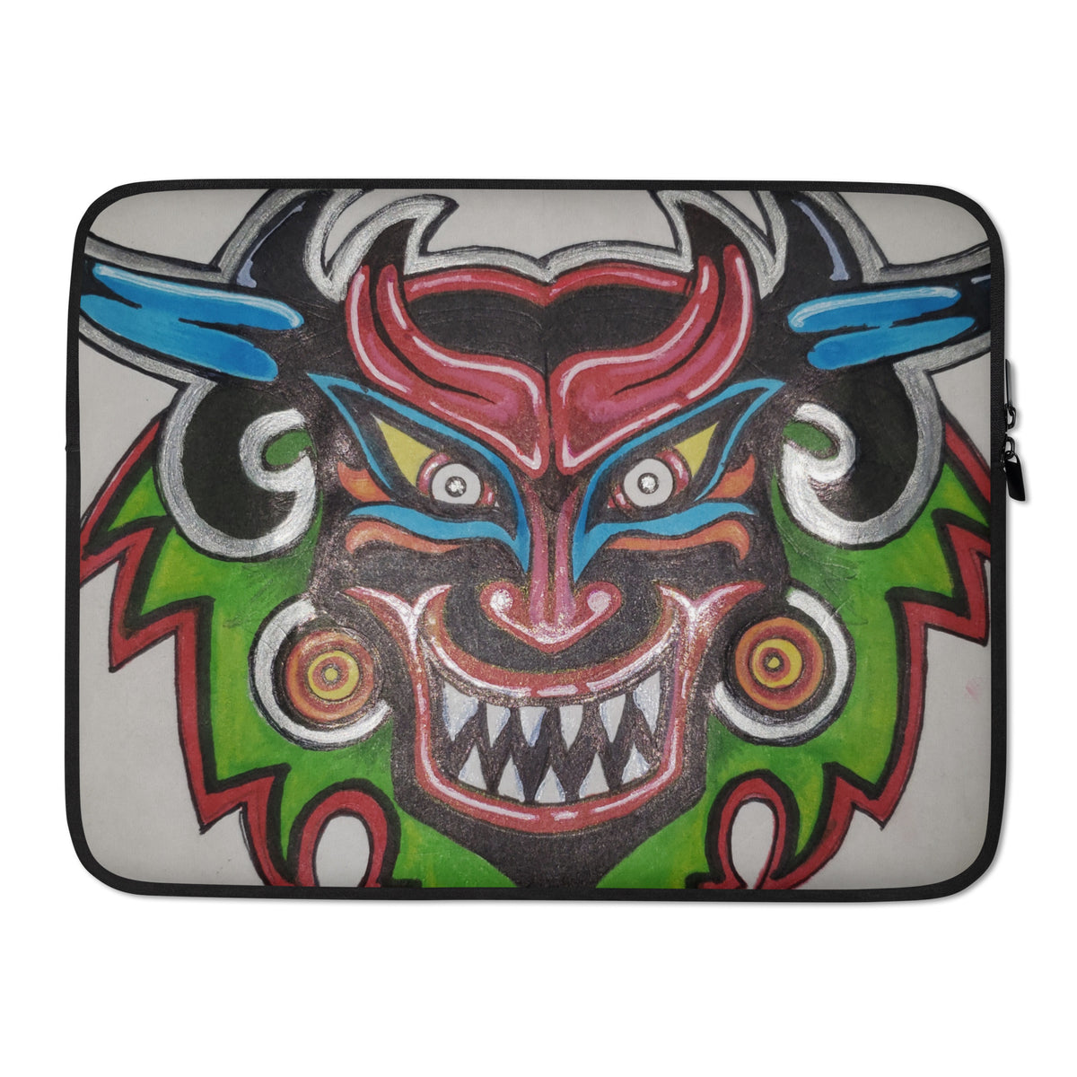 Dancing Demon Laptop Sleeve, 15 inch, front view of the hand-drawn Diablos Danzantes mask design