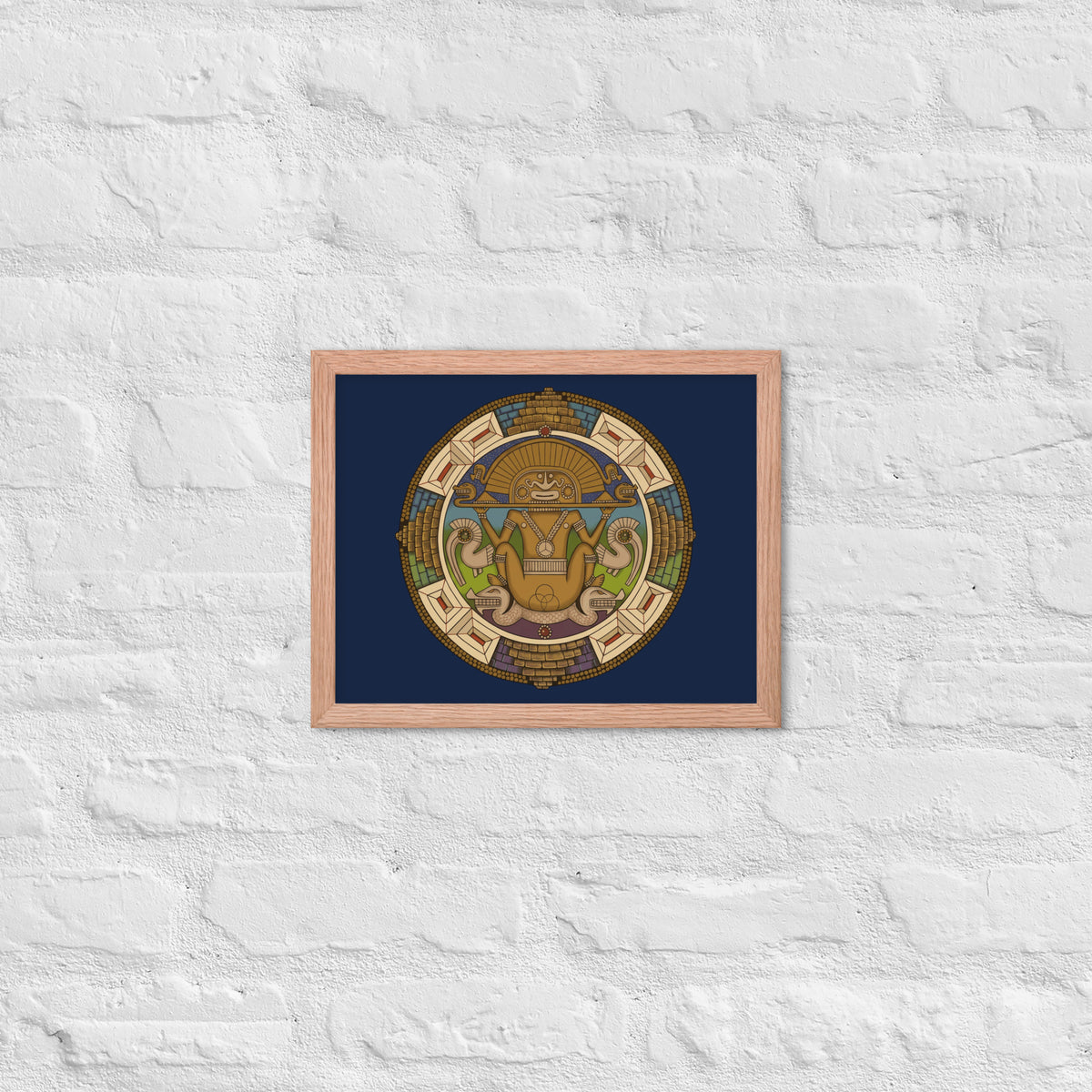 Red oak framed poster with hand-drawn pre-Columbian Sun God deity art by Bareta Fina Designs
