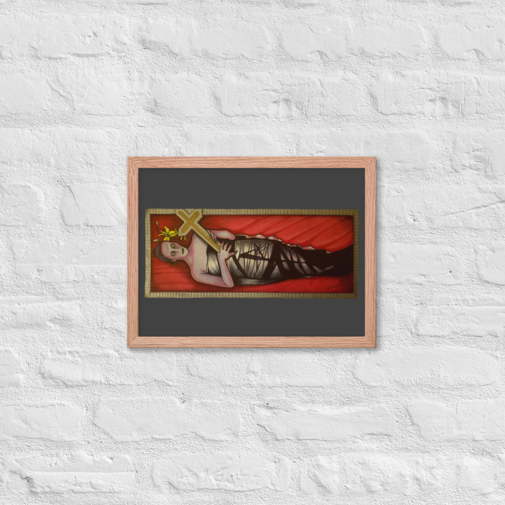 Red oak framed poster with original hand-drawn gothic The Mourning Bride art by Bareta Fina Designs