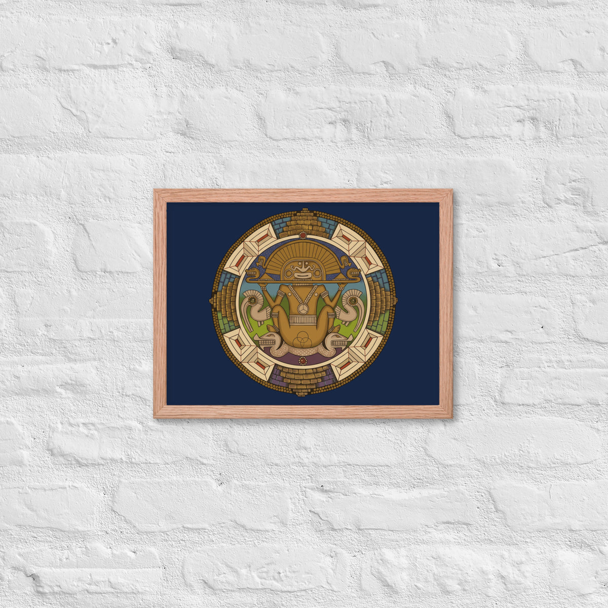 Red oak framed poster with hand-drawn pre-Columbian Sun God deity art by Bareta Fina Designs