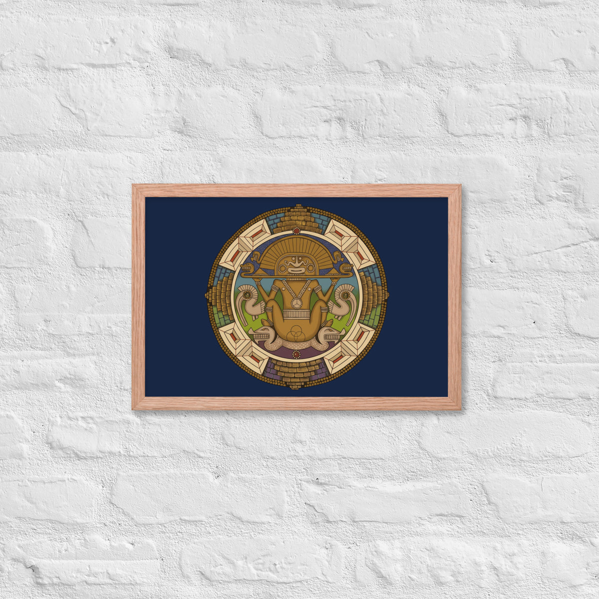 Red oak framed poster with hand-drawn pre-Columbian Sun God deity art by Bareta Fina Designs