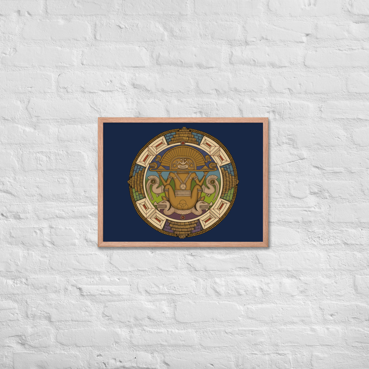 Red oak framed poster with hand-drawn pre-Columbian Sun God deity art by Bareta Fina Designs