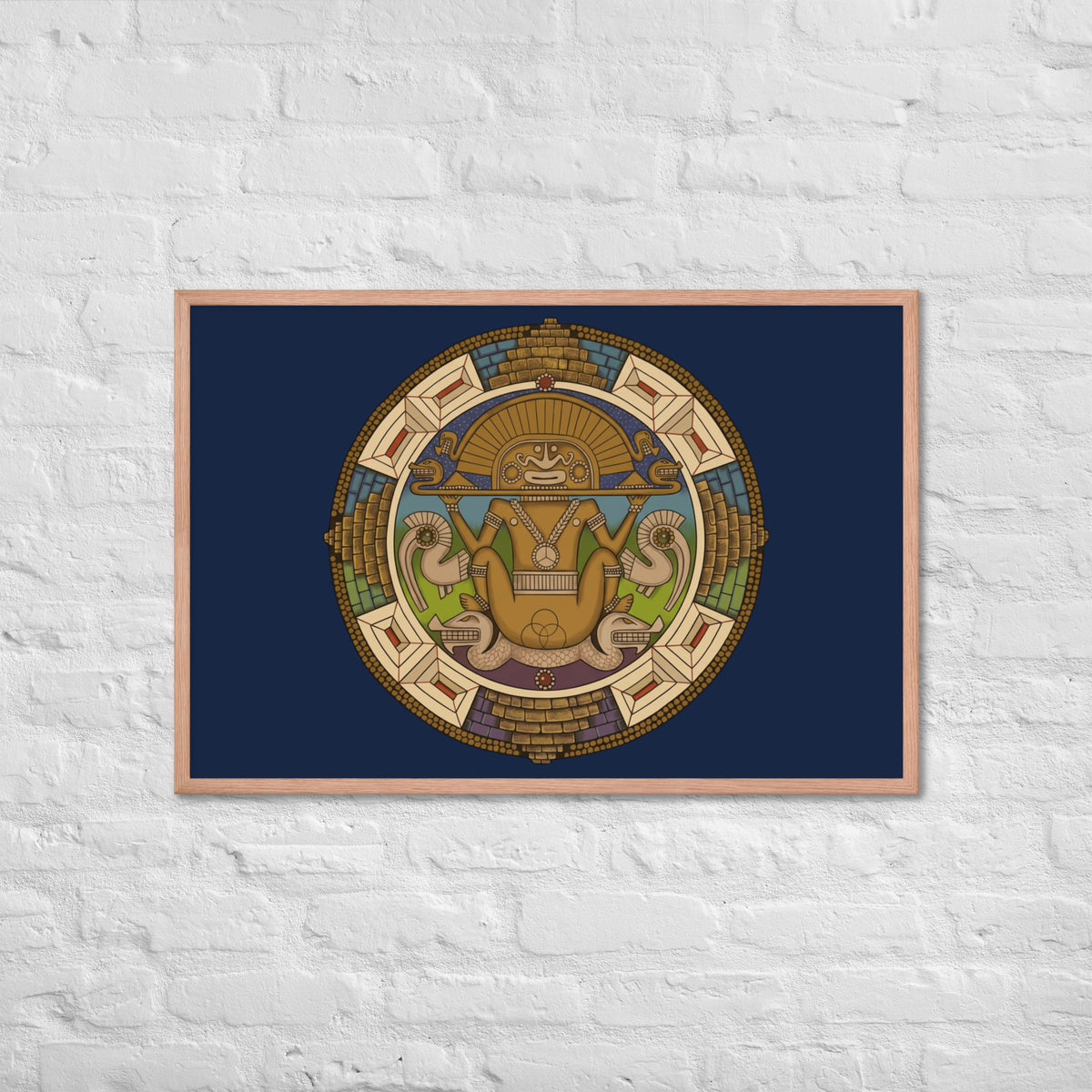 Red oak framed poster with hand-drawn pre-Columbian Sun God deity art by Bareta Fina Designs
