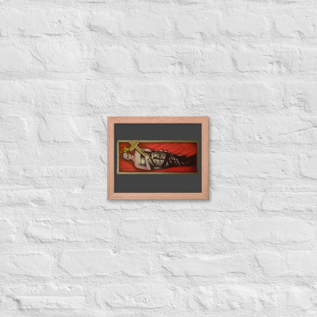 Red oak framed poster with original hand-drawn gothic The Mourning Bride art by Bareta Fina Designs